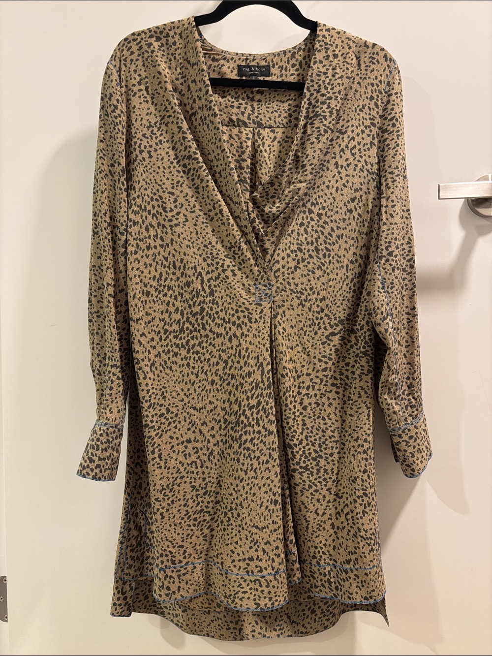 Rag & Bone 100% Silk Leopard Print Dress with Contrast  Liulp Blue Stitching